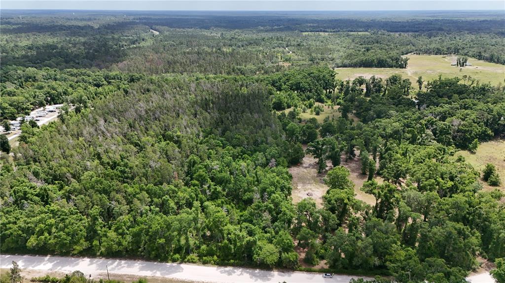 An aerial view shows a large, wooded lot bordered by a road and open fields — 0 SUNTILT COURT, WHITE SPRINGS, FL