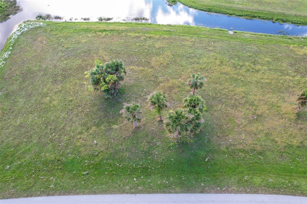 An aerial view of a grassy vacant lot with several palm trees near a canal — 16208 SAN EDMUNDO ROAD, PUNTA GORDA, FL