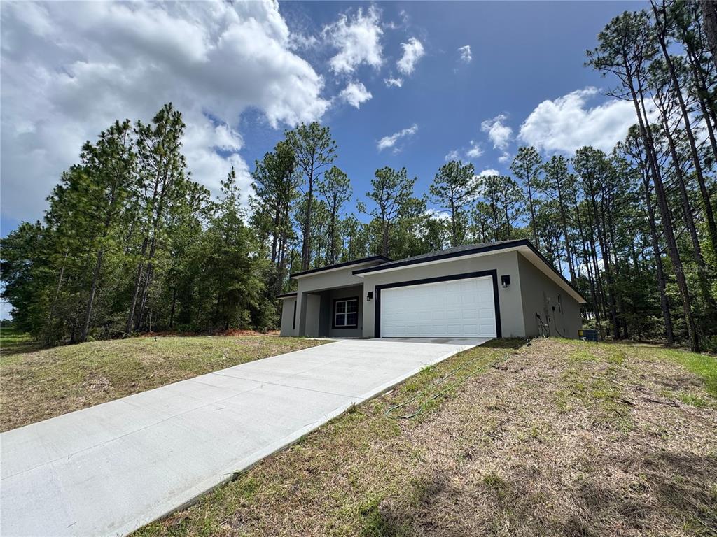 A modern, single-story house with a concrete driveway and a two-car garage — 7687 N QUIBBLE AVENUE, DUNNELLON, FL