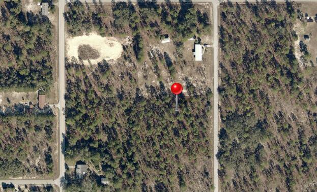 An aerial view shows a wooded, undeveloped rectangular lot marked with a red map pin — Tbd SW Admiral Landing Drive, FL 34431, FL