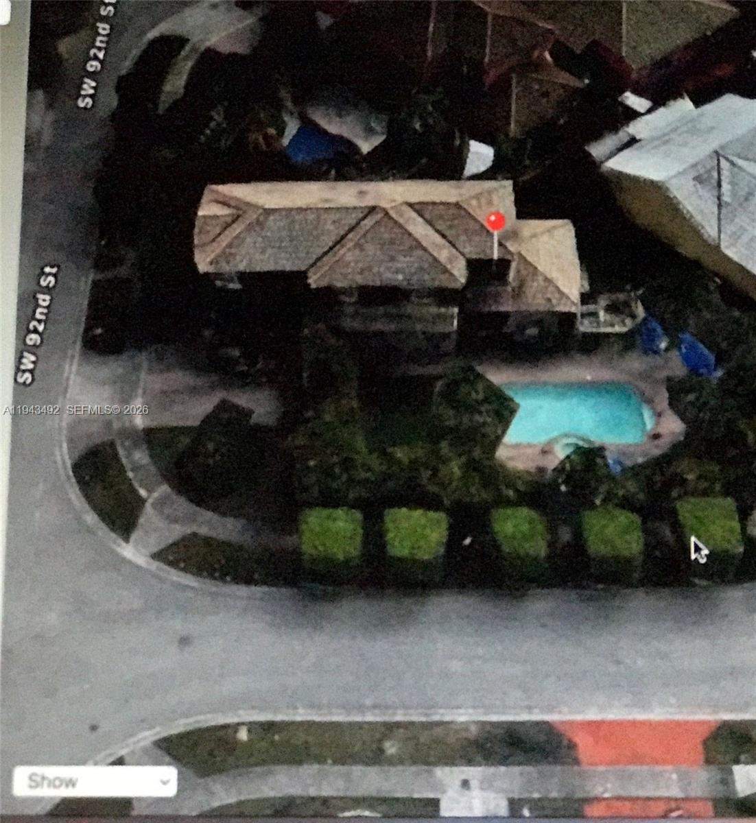 This is an aerial map view of a house with a swimming pool — 15448 SW 92nd St, Miami FL 33196, MIAMI, FL