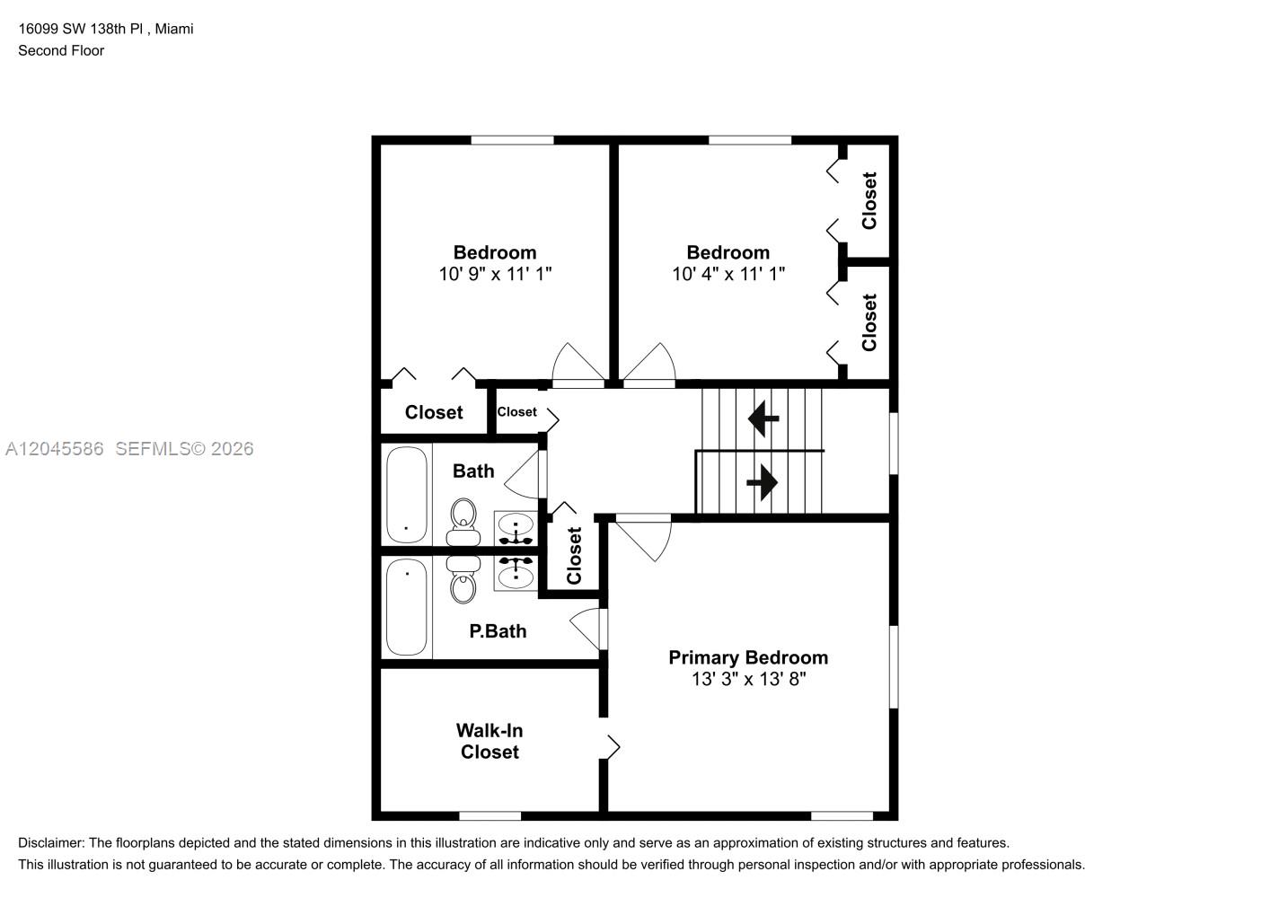This is a floor plan of a second-floor layout featuring three bedrooms and two bathrooms — MIAMI, FL