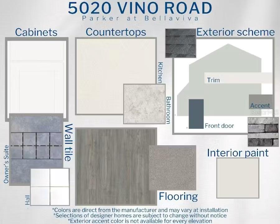 This design board displays interior and exterior finish samples for a residential property — 5020 VINO ROAD, AUBURNDALE, FL