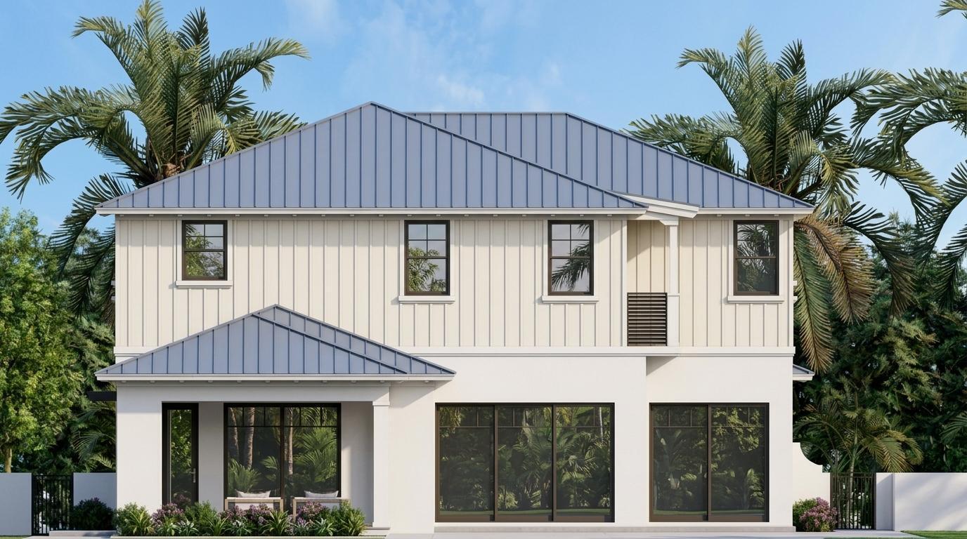 This is a rendering of a two-story house exterior with board-and-batten siding and metal roofing — 506 NE 3rd Avenue, Delray Beach FL 33444, DELRAY BEACH, FL