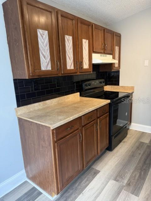 A kitchen features wood cabinets with herringbone accents, black subway tile backsplash, and laminate countertops — 2857 CINNAMON BEAR TRAIL, PALM HARBOR, FL