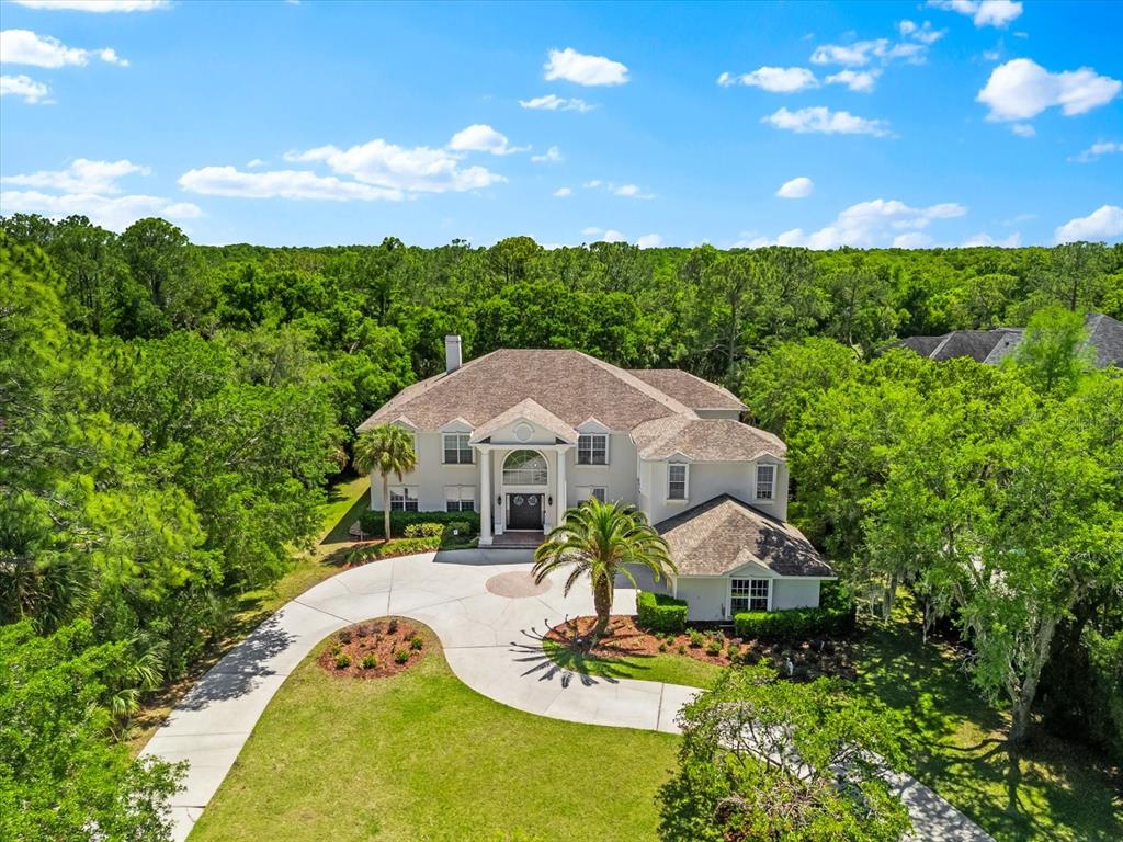 An aerial view shows a large two-story house with a circular driveway and surrounding trees — 6413 MACLAURIN DRIVE, TAMPA, FL