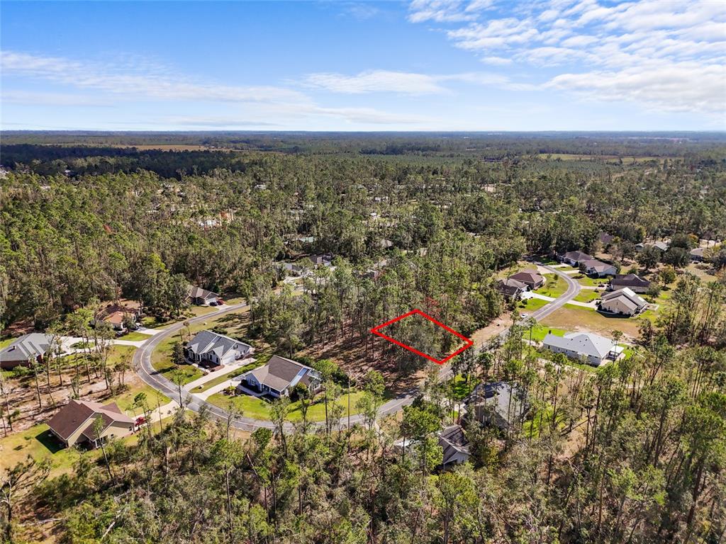 An aerial view shows a vacant, wooded residential lot outlined in red within a neighborhood — TBD WILDWOOD DRIVE, LIVE OAK, FL