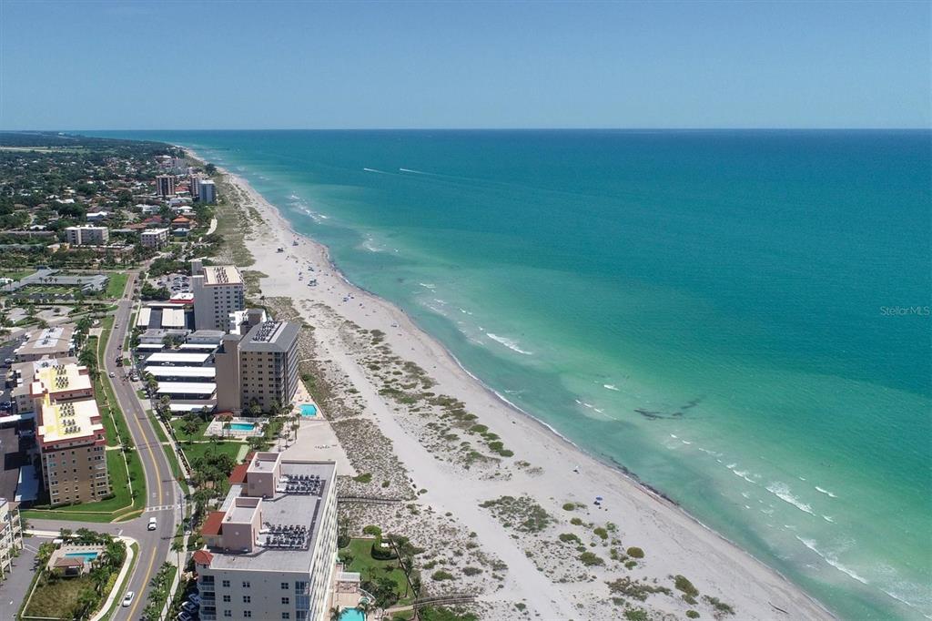 An aerial view shows high-rise beachfront condominiums along a sandy coastline and turquoise ocean — 10201 TAKOMAH TRAIL, TAMPA, FL