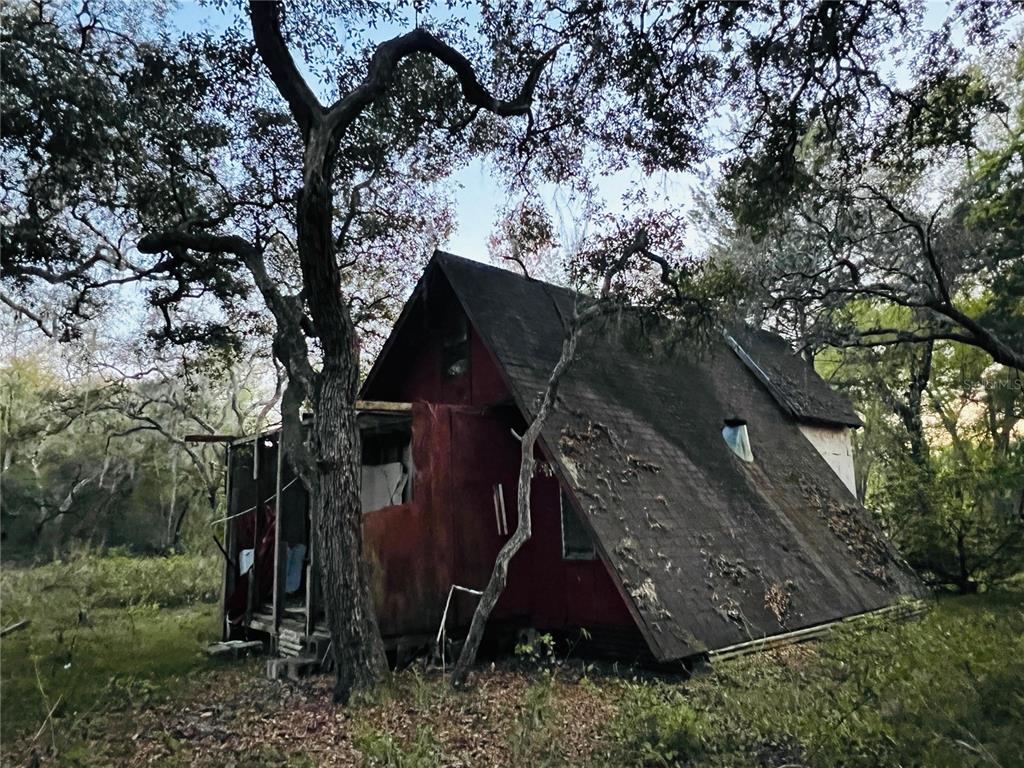 A weathered red A-frame cabin sits in a wooded area with overgrown vegetation — 19435 SE 92ND PLACE, OCKLAWAHA, FL