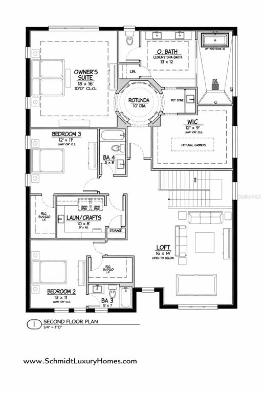 This is a floor plan for the second level of a house featuring three bedrooms and a loft — 3209 W BAY VISTA AVENUE, TAMPA, FL