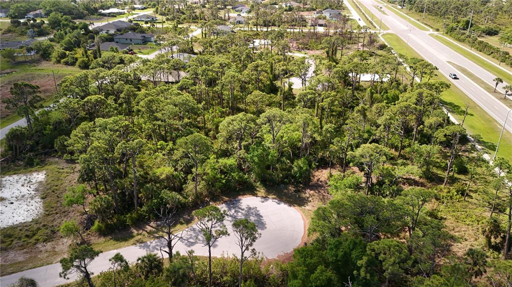 An aerial view shows a wooded residential lot at the end of a cul-de-sac — 107 HAWK DRIVE, ROTONDA WEST, FL