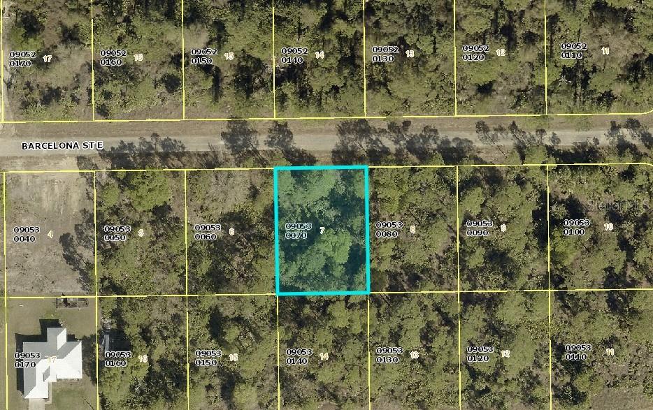 This is an aerial map showing a highlighted rectangular plot of land among wooded lots — 1020 BARCELONA STREET E, LEHIGH ACRES, FL