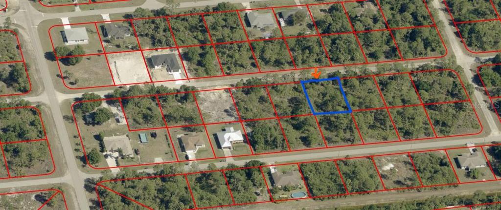 An aerial view of a wooded residential lot outlined in blue within a suburban neighborhood — 1020 BARCELONA STREET E, LEHIGH ACRES, FL