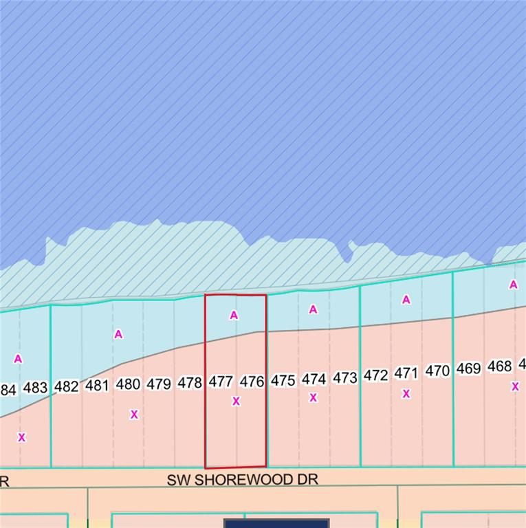 This is a map showing a property lot highlighted in red along a street — LOTS 476 & 477 SW SHOREWOOD DRIVE, DUNNELLON, FL