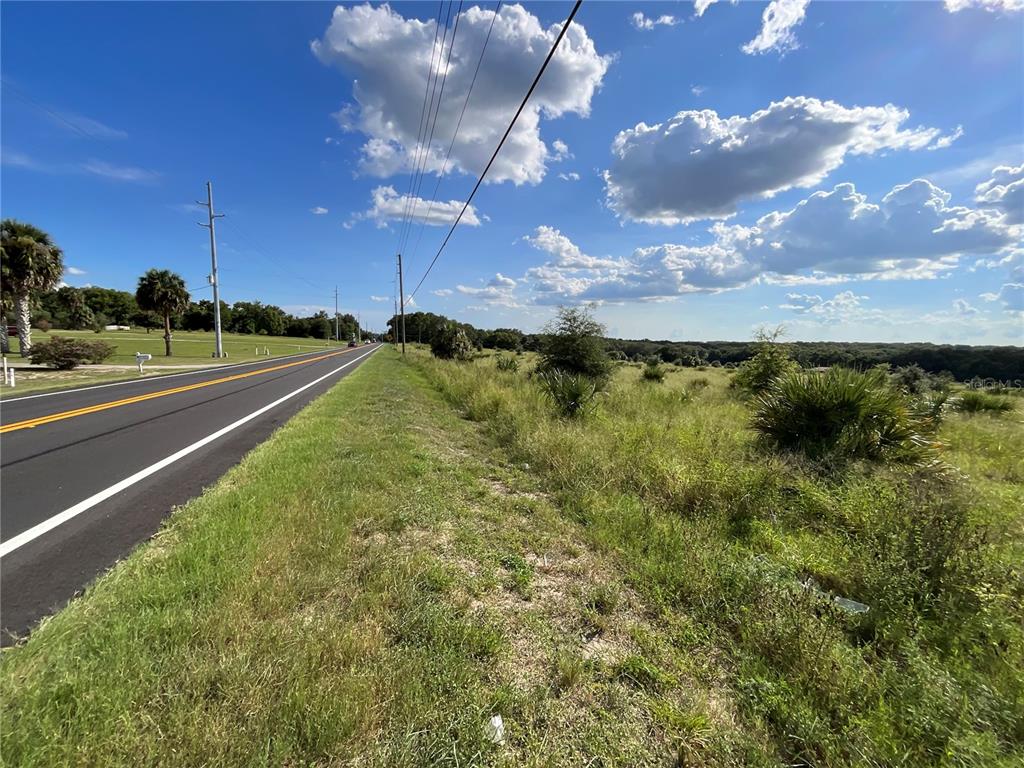 A paved road runs alongside a grassy, undeveloped field under a bright, cloudy sky — SUNSET HARBOR RD, WEIRSDALE, FL