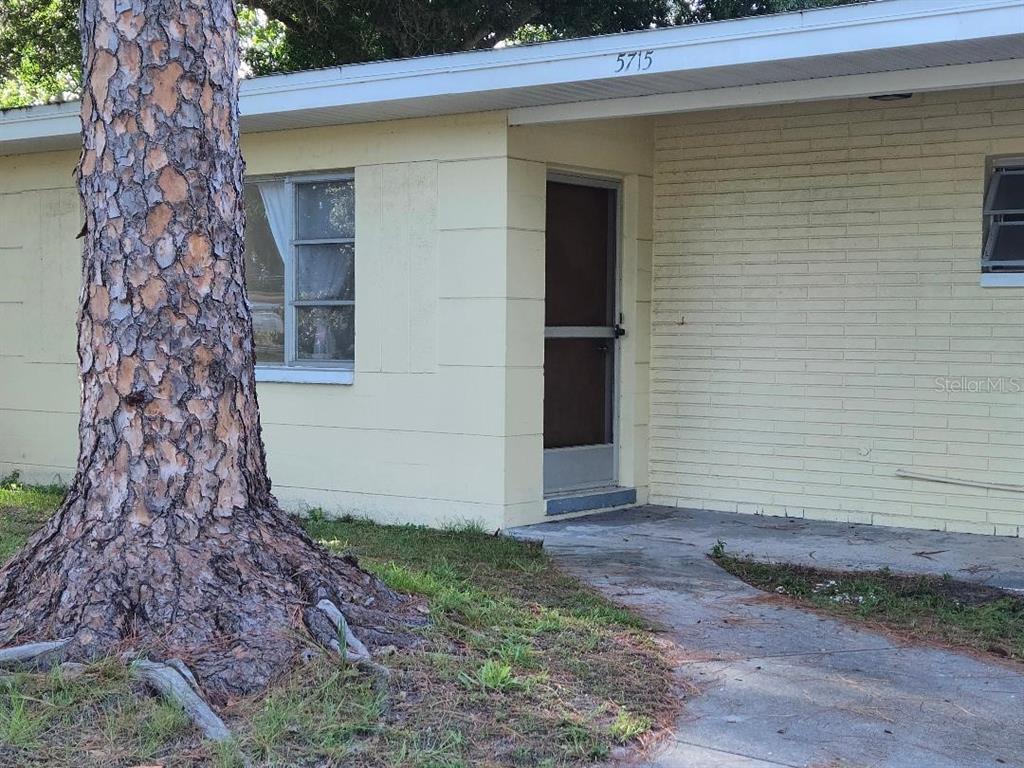 A pale yellow house exterior features a screen door, a window, and a large tree — 5715 21ST AVENUE S, GULFPORT, FL