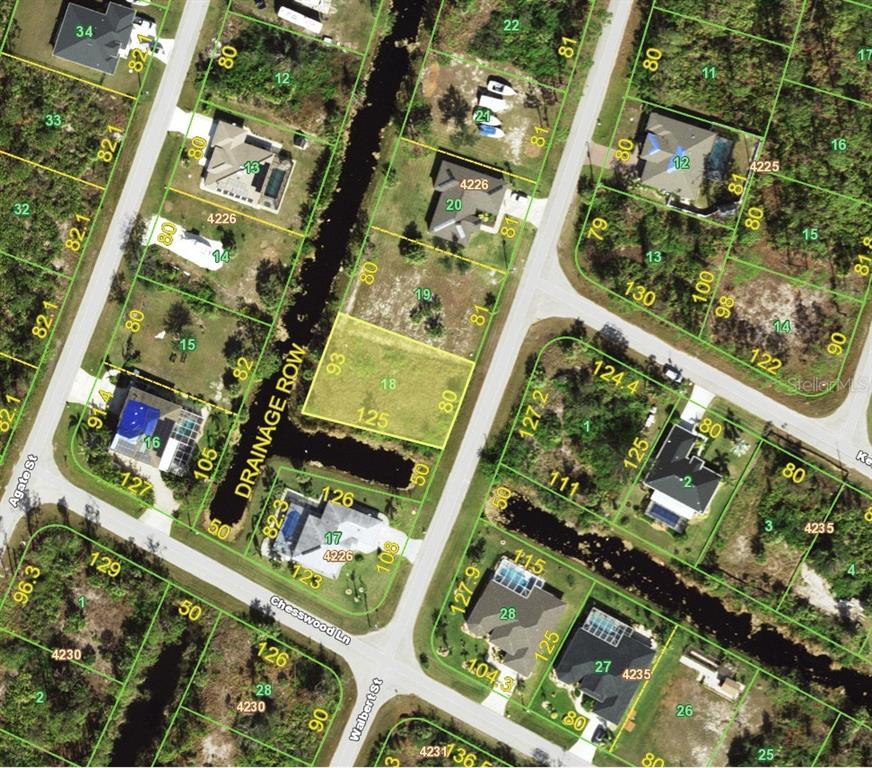 This is a satellite map view of a residential neighborhood with several vacant lots — 8251 WALBERT STREET, PORT CHARLOTTE, FL