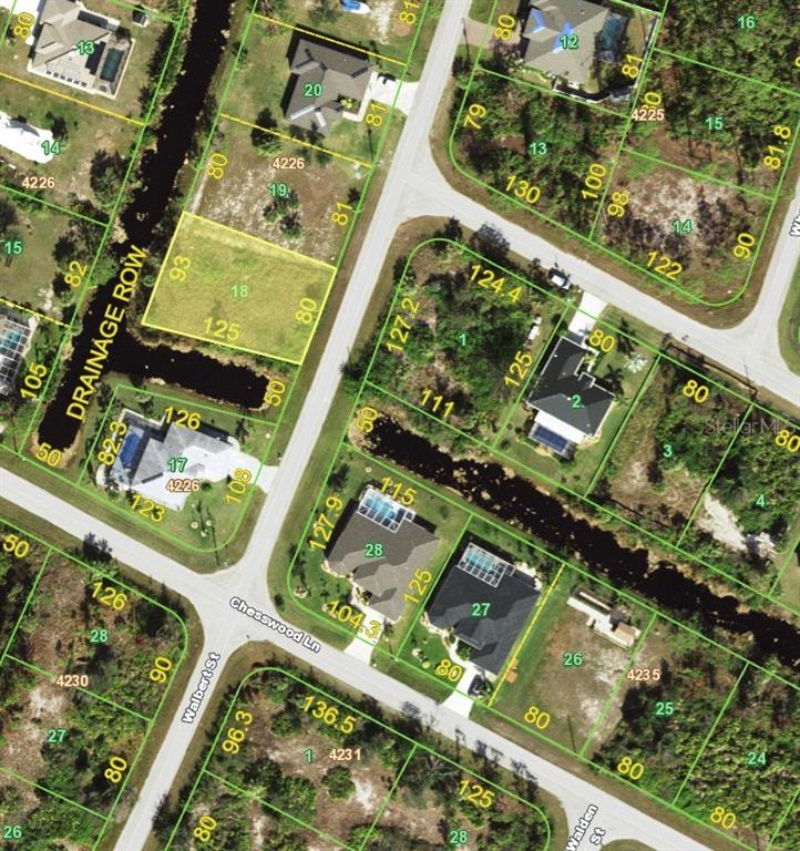 This is an aerial map showing residential lots, streets, and drainage areas — 8251 WALBERT STREET, PORT CHARLOTTE, FL