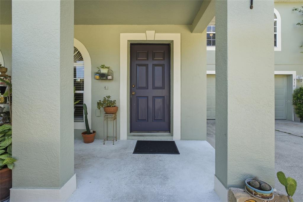 A covered entryway features a dark purple front door, concrete flooring, and potted plants — 516 CADIZ DRIVE, GROVELAND, FL