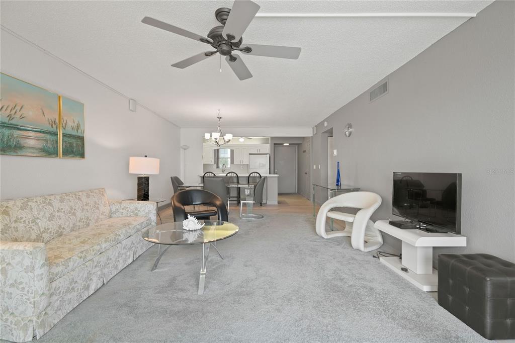 A living room with gray carpet, a floral sofa, a glass coffee table, and a television — 7910 SUN ISLAND DRIVE S UNIT 302, SOUTH PASADENA, FL