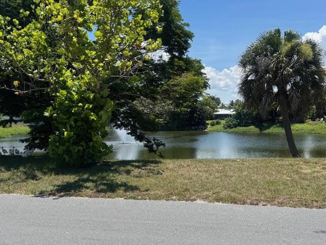 A pond with a fountain is surrounded by trees and grass near a paved road — 709 SE Alamanda Way, Stuart FL 34996, STUART, FL