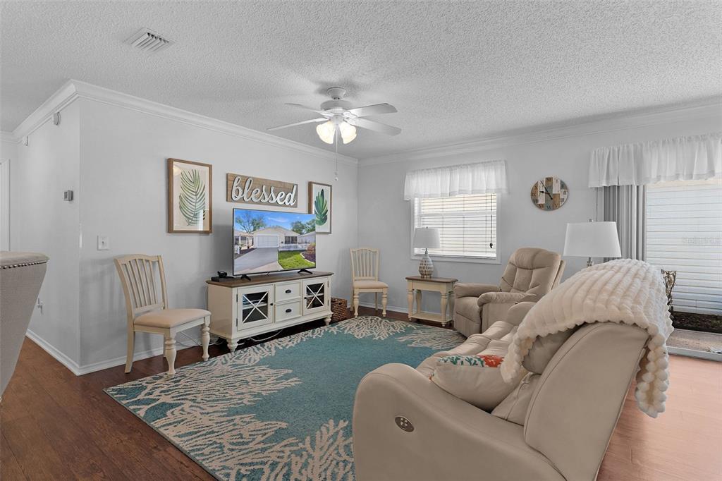 A living room features a blue patterned area rug, light-colored furniture, and a ceiling fan — 17431 SE 93RD RETFORD TERRACE, THE VILLAGES, FL