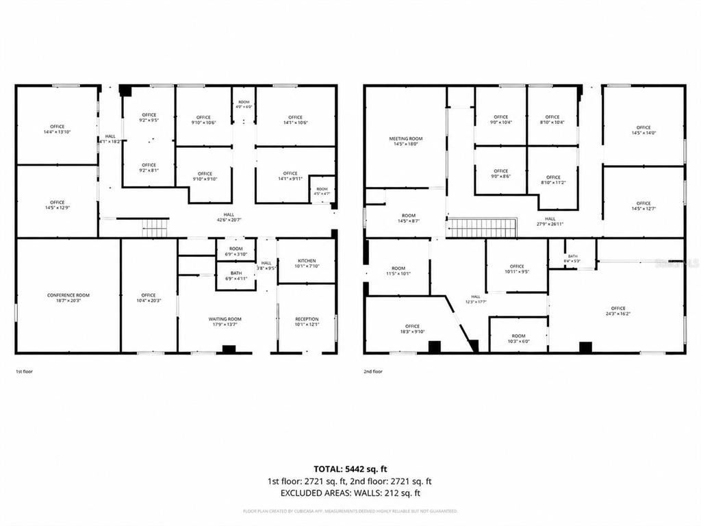 This is a two-story floor plan showing the layout of multiple offices, rooms, and halls — 513 ARIANA AVENUE, AUBURNDALE, FL