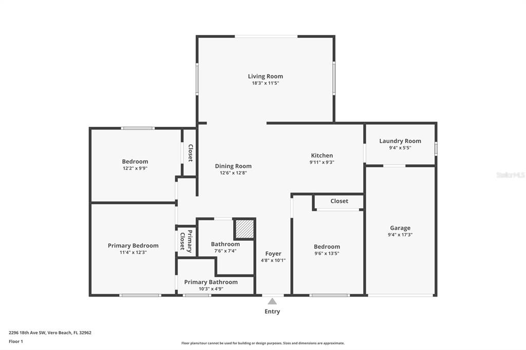 This is a floor plan of a single-story residential home with three bedrooms and a garage — 2296 18TH AVE SW, VERO BEACH, FL