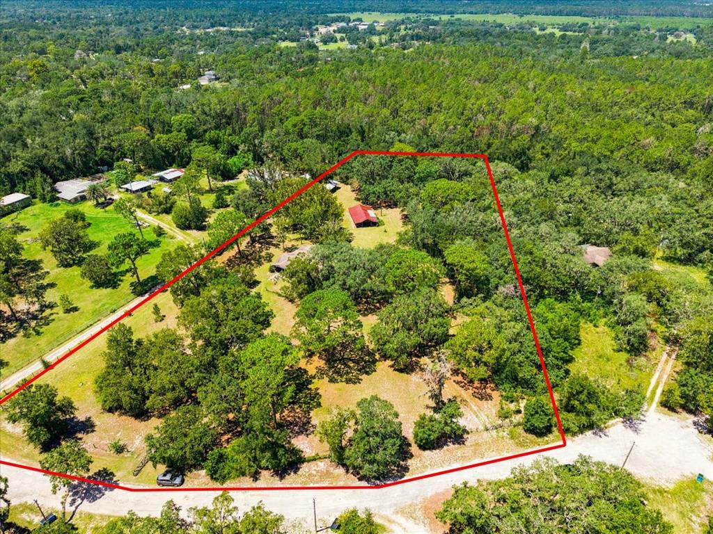An aerial view shows a wooded lot with a red-roofed building outlined in red — 15535 RENEE LANE, HUDSON, FL