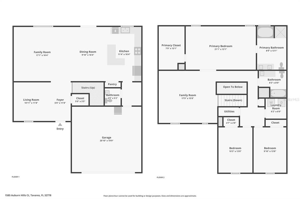This is a two-story floor plan showing the layout of rooms, stairs, and garage — 1585 AUBURN HILLS COURT, TAVARES, FL