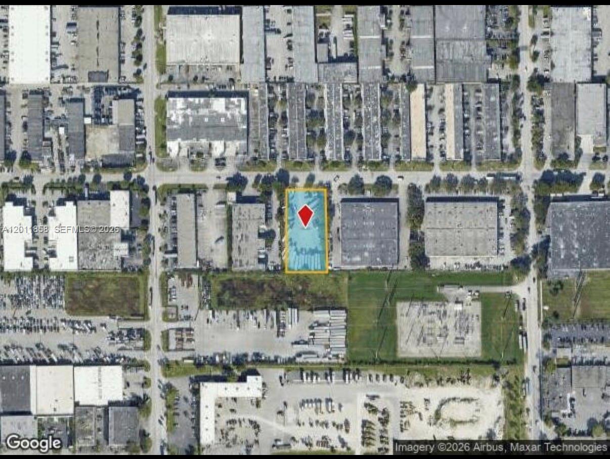 An aerial map view shows a highlighted rectangular property lot surrounded by industrial buildings — 8322 NW 64, Miami FL 33166, MIAMI, FL