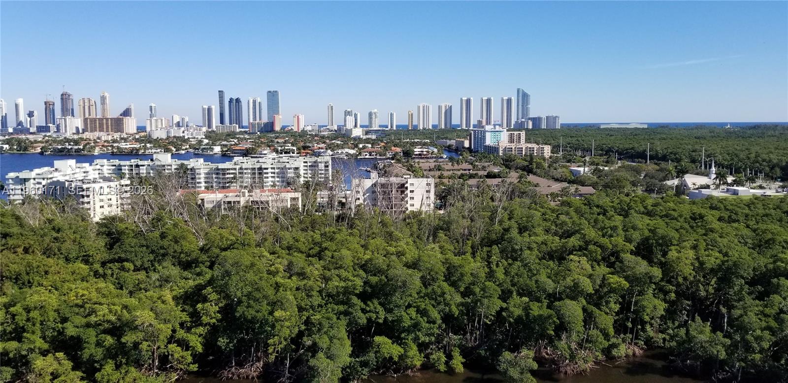 An aerial view shows a dense forest in the foreground with a city skyline behind — 16385 Biscayne Blvd # 1516, Miami FL 33160, MIAMI, FL