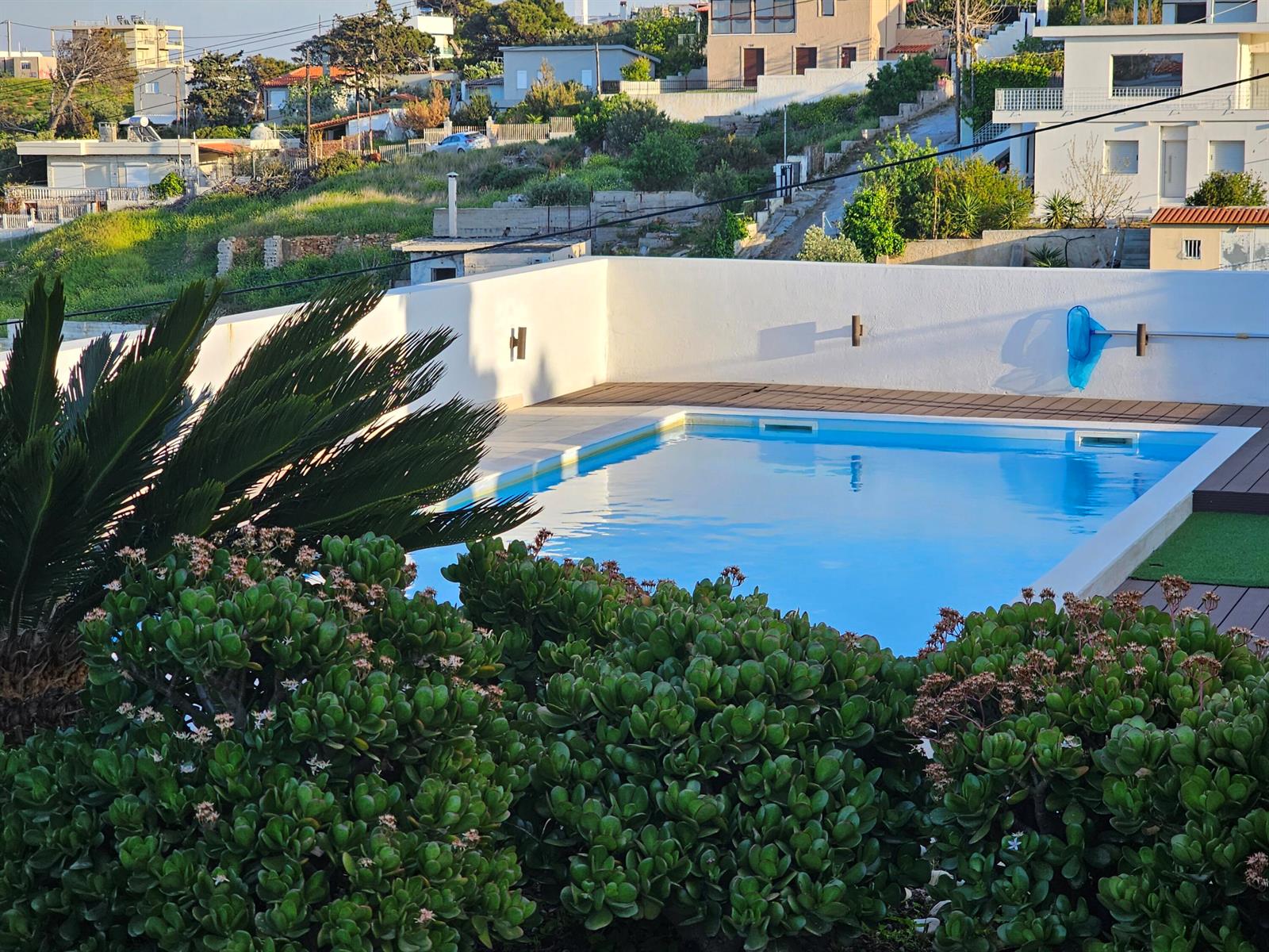 A rectangular swimming pool with a wooden deck is surrounded by lush greenery and white walls — 23 Zefirou, Rafina, Greece, FL