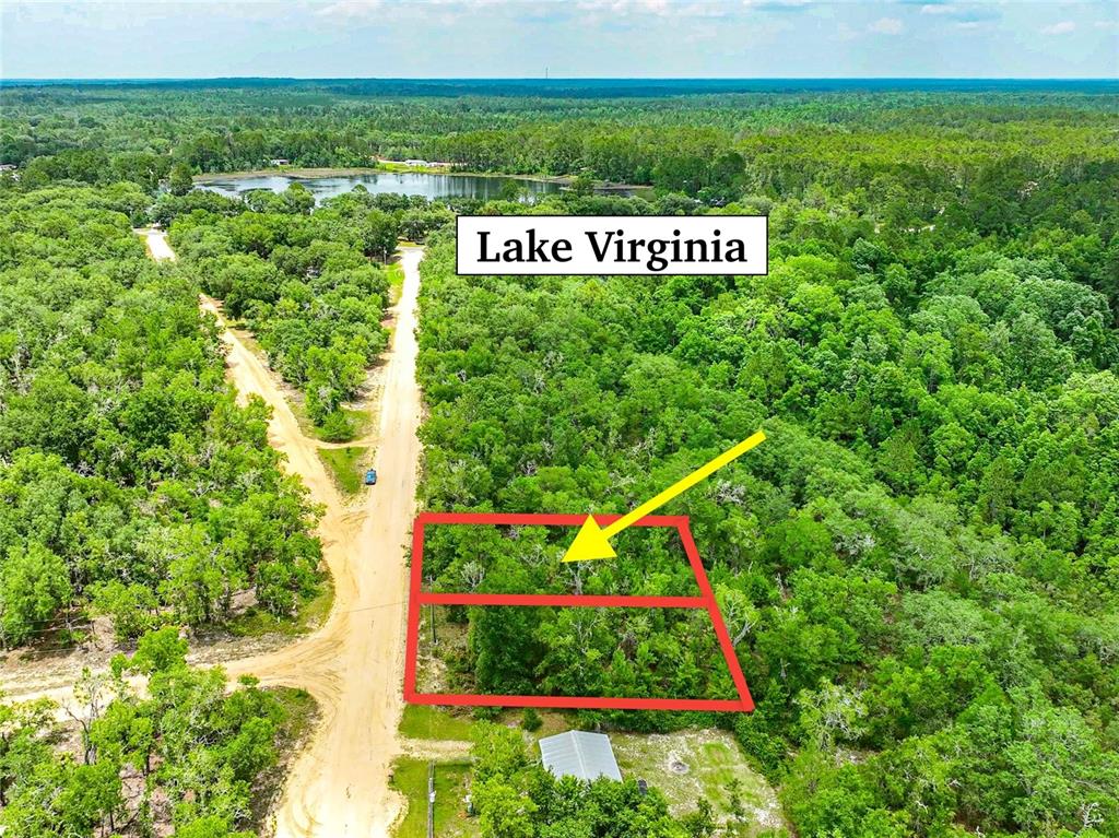 An aerial view shows two adjacent wooded lots outlined in red near a lake — 128 CARMICHAEL ROAD, INTERLACHEN, FL