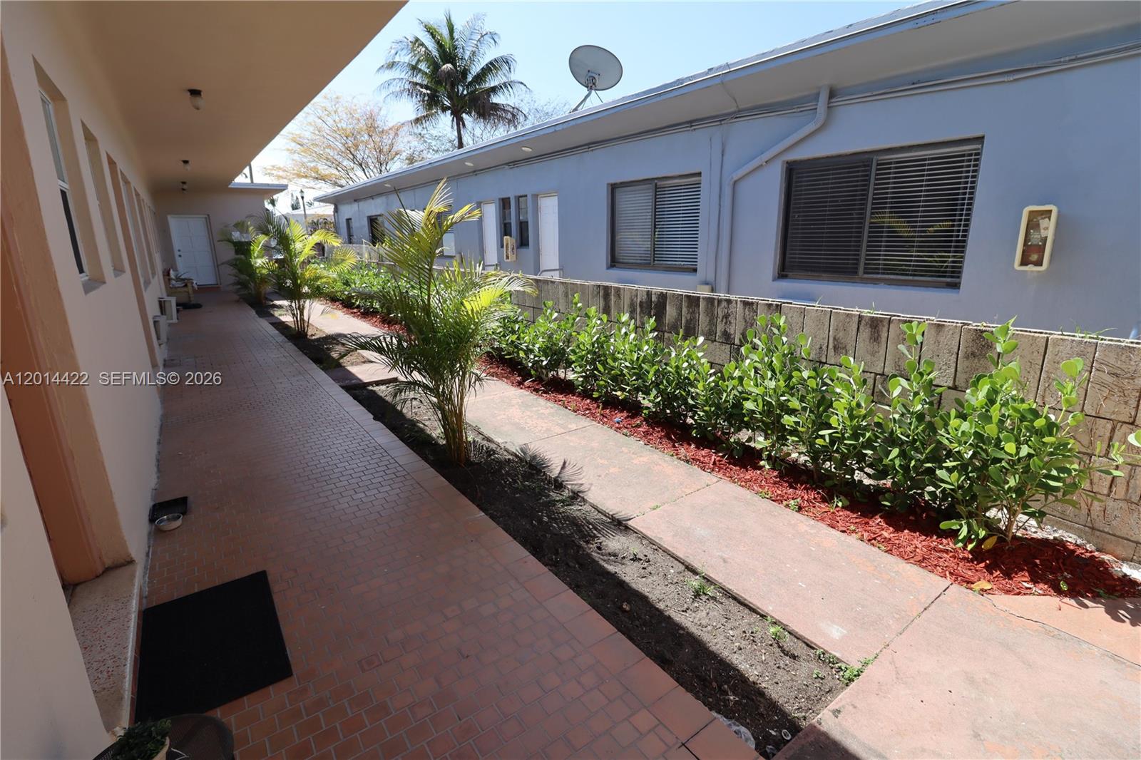 A paved walkway runs between a building exterior and a low concrete wall with landscaping — 835 83rd St, Miami Beach FL 33141, MIAMI BEACH, FL