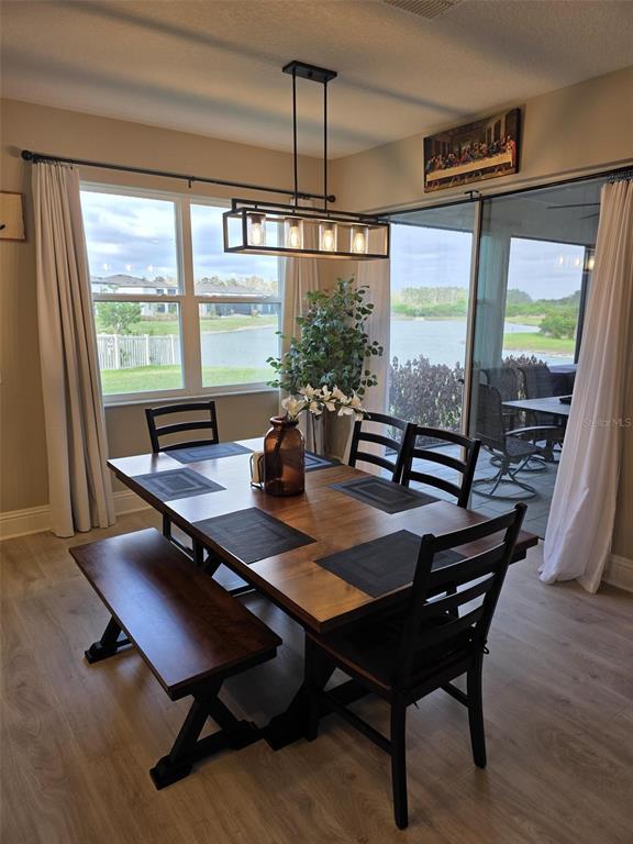 A dining room features a wooden table with a bench and chairs under a pendant light — 7520 GREENHEART COURT, WESLEY CHAPEL, FL