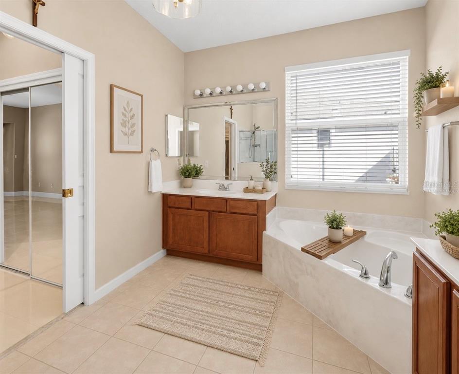 A bathroom features a wooden vanity, a large soaking tub, and a mirrored wall — 2508 BROSS DRIVE, ST CLOUD, FL