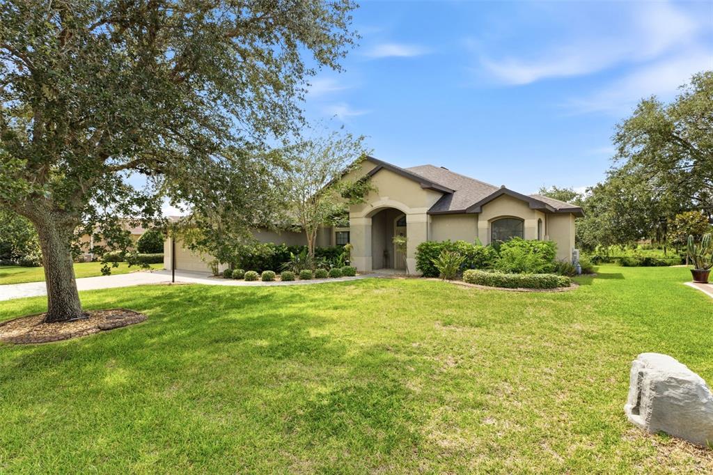 A single-story tan house with a dark roof sits behind a large tree and lawn — 27127 STONEY BROOK DRIVE, LEESBURG, FL