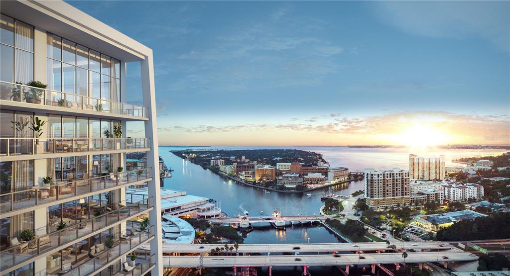This architectural rendering shows a high-rise building exterior overlooking a river, bridge, and city skyline — 111 S ASHLEY DRIVE UNIT 3209, TAMPA, FL