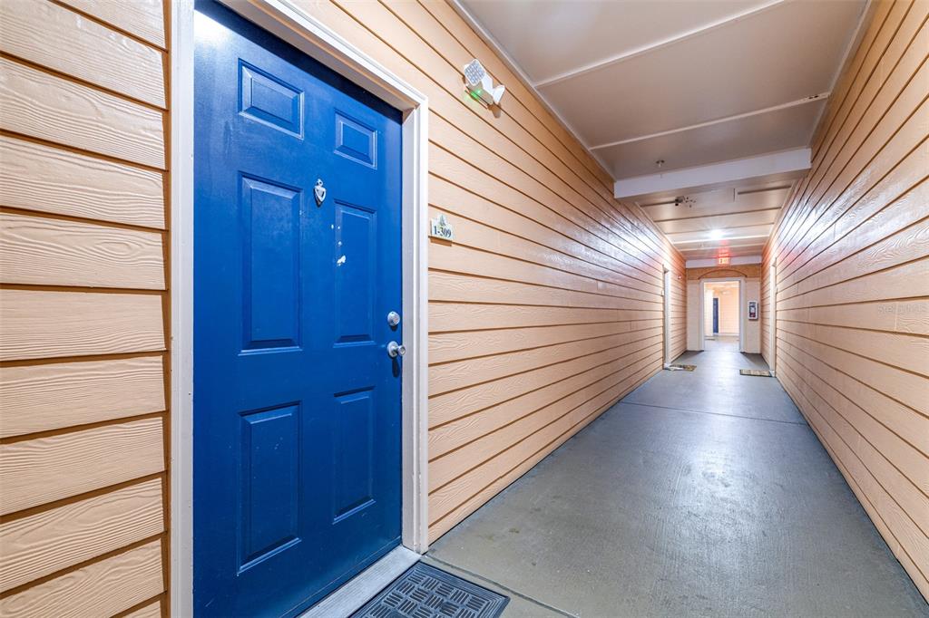 A blue apartment door with a unit number sign sits in an outdoor hallway — 5000 CULBREATH KEY WAY UNIT 1-309, TAMPA, FL