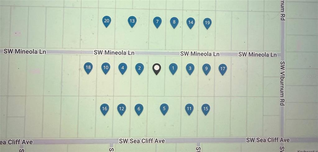 This is a map showing numbered property locations along SW Mineola Ln and SW Sea Cliff Ave — LOT# 8 SW MINEOLA LANE, DUNNELLON, FL