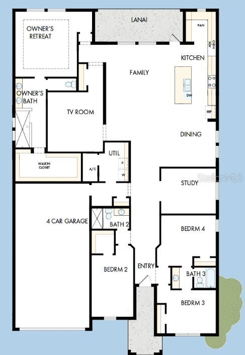 This is a floor plan for a single-story house featuring a four-car garage — 7733 MARINA BAY COVE, PALMETTO, FL