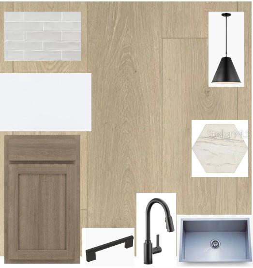 This is a digital design board showing kitchen finishes, including wood flooring, cabinetry, and fixtures — 7733 MARINA BAY COVE, PALMETTO, FL