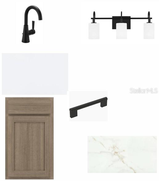 This digital rendering displays a bathroom design board featuring wood cabinetry, marble-look countertops, and fixtures — 7733 MARINA BAY COVE, PALMETTO, FL
