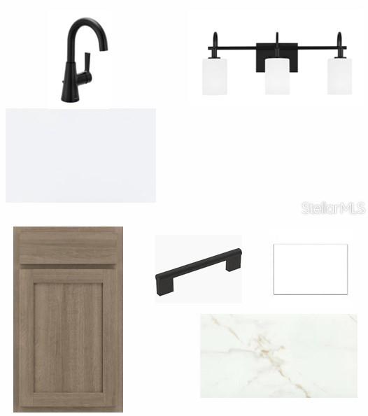 This digital rendering displays bathroom finishes including wood cabinets, marble countertops, and matte black fixtures — 7733 MARINA BAY COVE, PALMETTO, FL