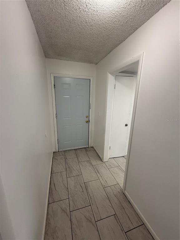 A hallway with light gray wood-look tile flooring leads to a light blue front door — 7047 BALBOA DRIVE UNIT 7047, ORLANDO, FL