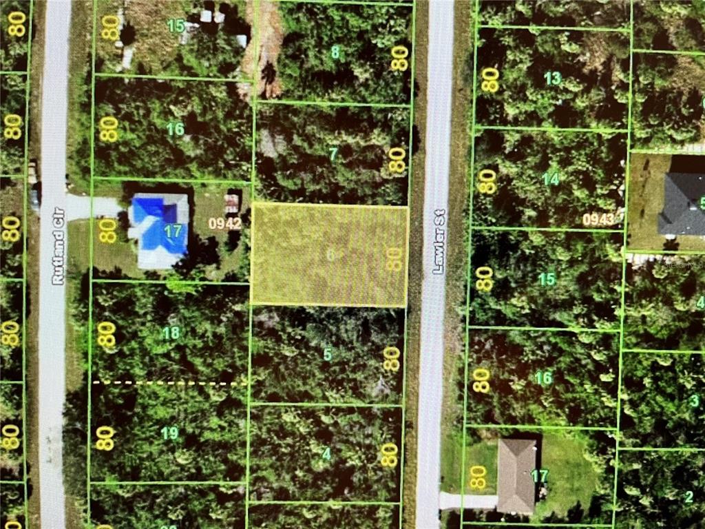 This is a satellite map showing a highlighted rectangular plot of land between two streets — 347 LAWLER STREET, PORT CHARLOTTE, FL