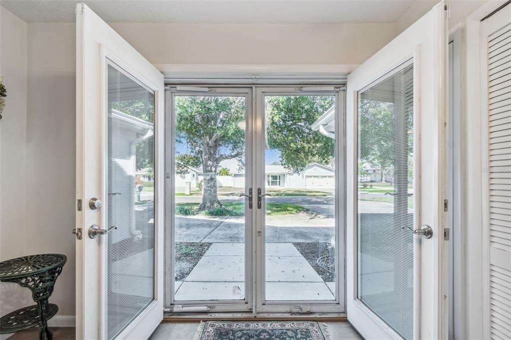 A view through open double glass doors looking out onto a suburban street and tree — 12946 88TH AVENUE, SEMINOLE, FL