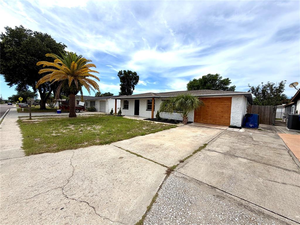 A single-story house with a white stucco exterior, a wood-paneled garage, and a palm tree — 3331 DARLINGTON ROAD, HOLIDAY, FL