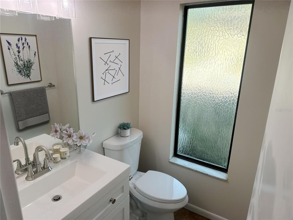 A bathroom features a white vanity, a toilet, a framed print, and a frosted window — 3808 NE 17TH STREET CIRCLE, OCALA, FL